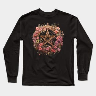 Floral Watercolor Wiccan Pentagram Long Sleeve T-Shirt